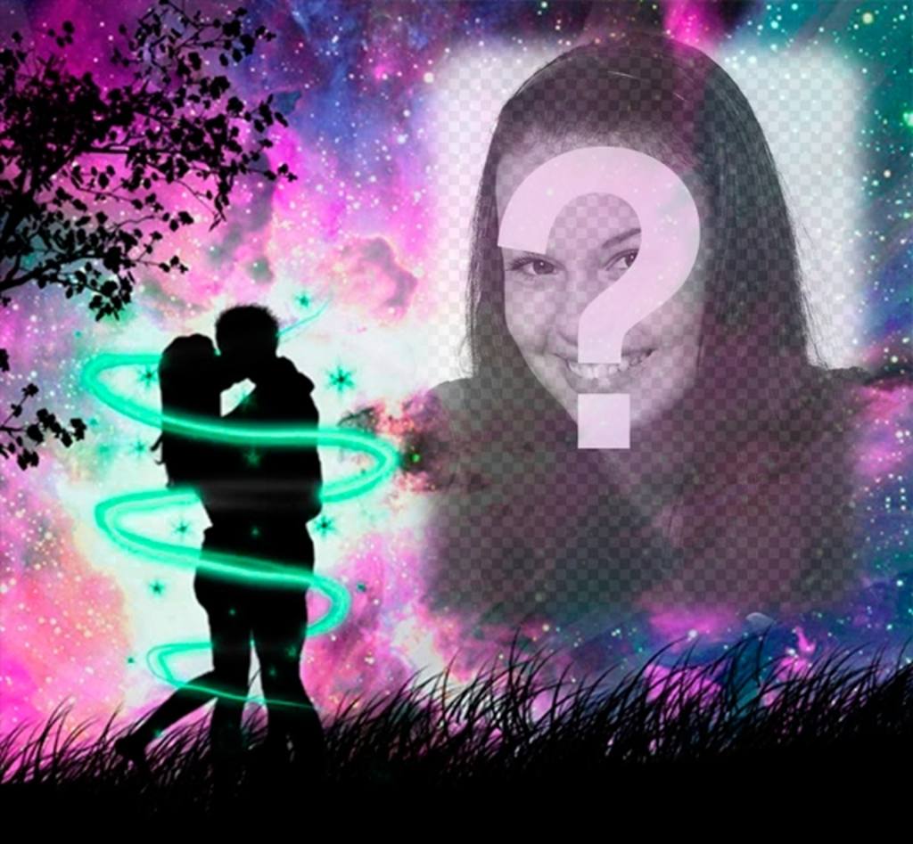 Amour cadre photo avec une silhouette de deux amoureux qui sembrassent dans les bois avec le ciel étoilé..