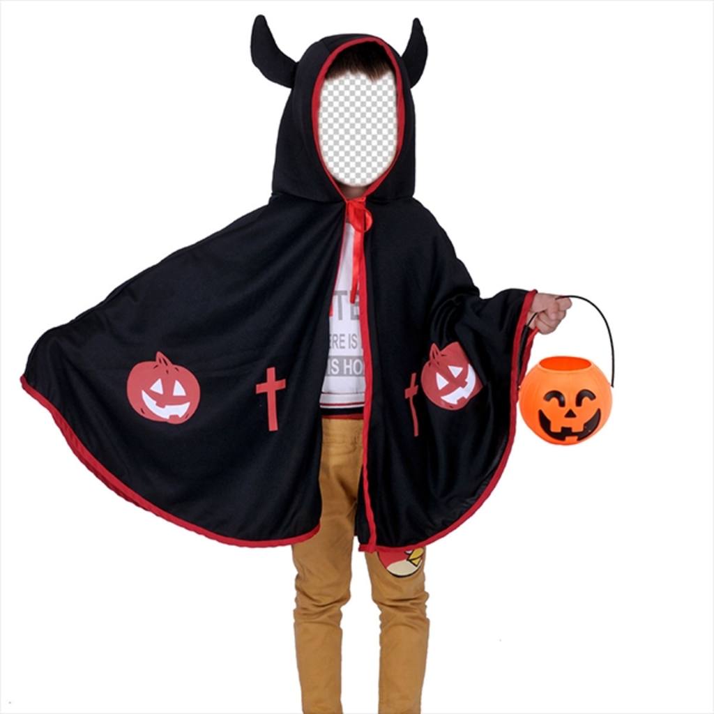 photomontages Halloween pour les enfants de déguiser dun diable avec le costume enfant de cornes de porter un manteau noir tenant une citrouille, et avec des cornes imp. Avec léditeur en ligne, vous pouvez télécharger votre photo et dajuster le visage de cet enfant habillé..