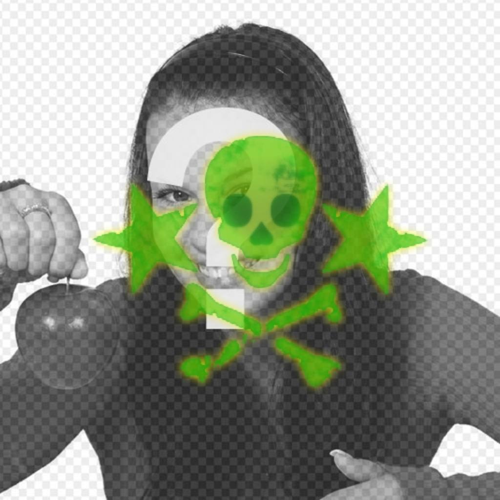 Personnalisez votre avatar de facebook ajoutant filtre en ligne dun crâne vert pour mettre un crâne fluorescent avec des étoiles vertes sur vos images, télécharger la photo que vous voulez à cet effet et ont un style radioactif que vos amis aimeront voir ce crâne dorigine au-dessus de votre images..