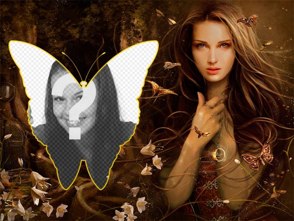 Collage plein de papillons et de cloches romantique, avec une fille de la forêt. ..