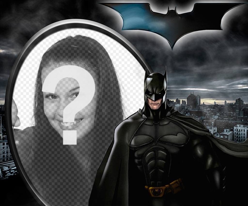 Collage ilutstrado Batman, The Dark Knight, se détachant sur Gotham. ..