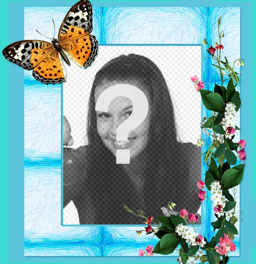 Cadrer votre photo avec des fleurs et des papillons sur un fond bleu. ..
