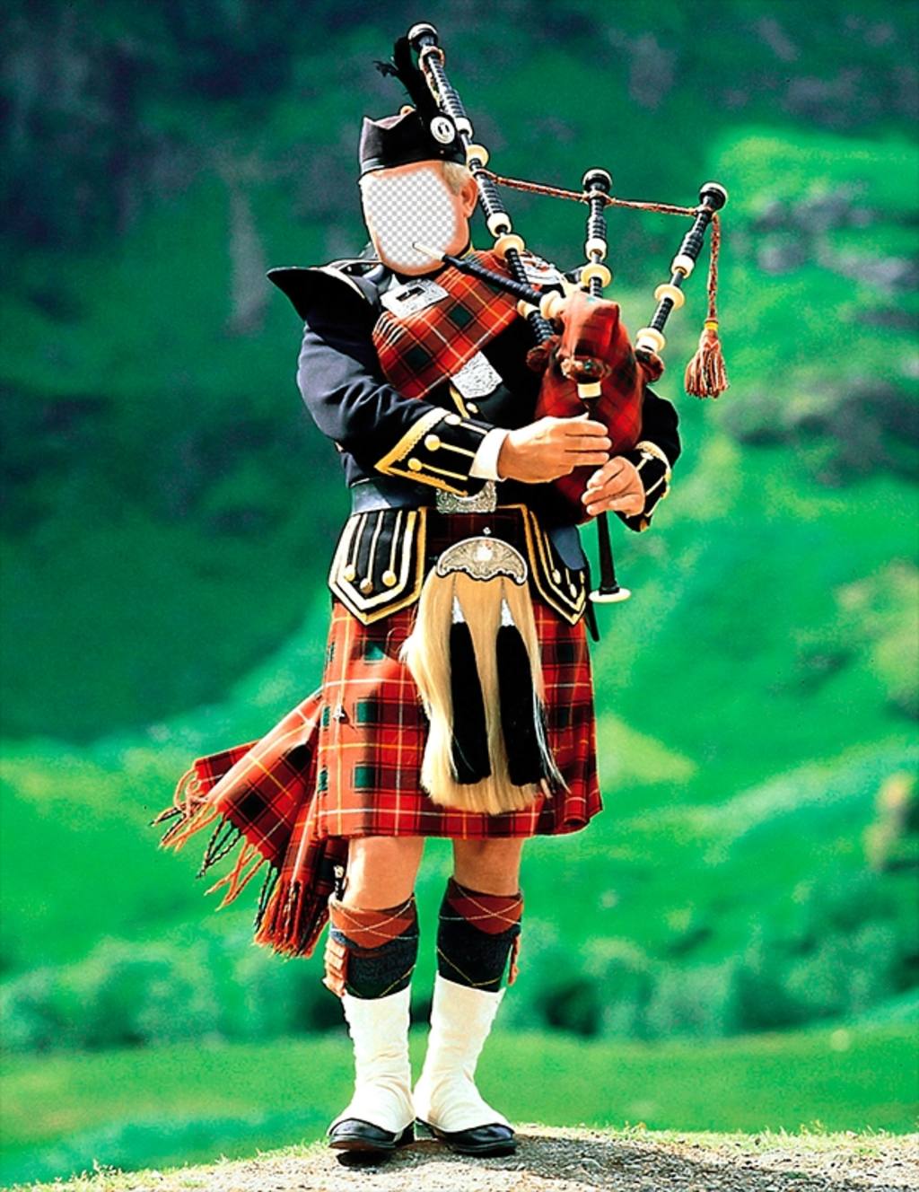 Photomontage avec un joueur de cornemuse typique écossaise pour ajouter votre visage ..