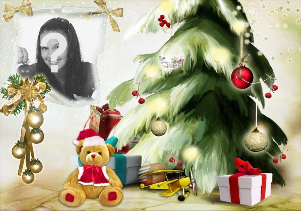 Photomontage de Noël avec un arbre de Noël et ours. ..