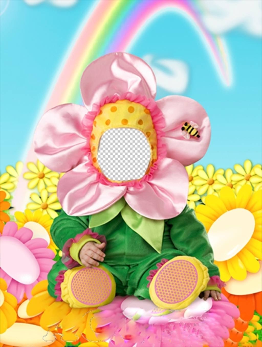 Photomontage de mettre votre visage dans un costume avec bébé costume de fleur dune fleur pour les enfants avec un arc en ciel, que vous pouvez facilement modifier toute photo et vous voir avec le costume virtuel drôle. Essayez avec la photo de votre enfant et définit le..