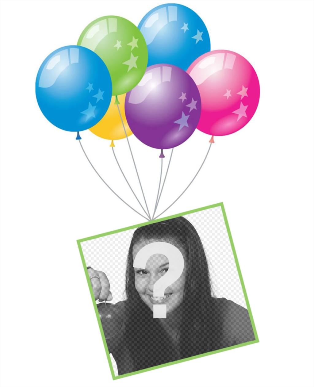 Effet photo avec des ballons et un cadre flottant pour ajouter votre photo de leffet original pour fêter un anniversaire ou une fête. Modifier avec votre photo uploader sur un cadre flottant avec des ballons colorés et partager cette carte postale gratuite dans vos réseaux..