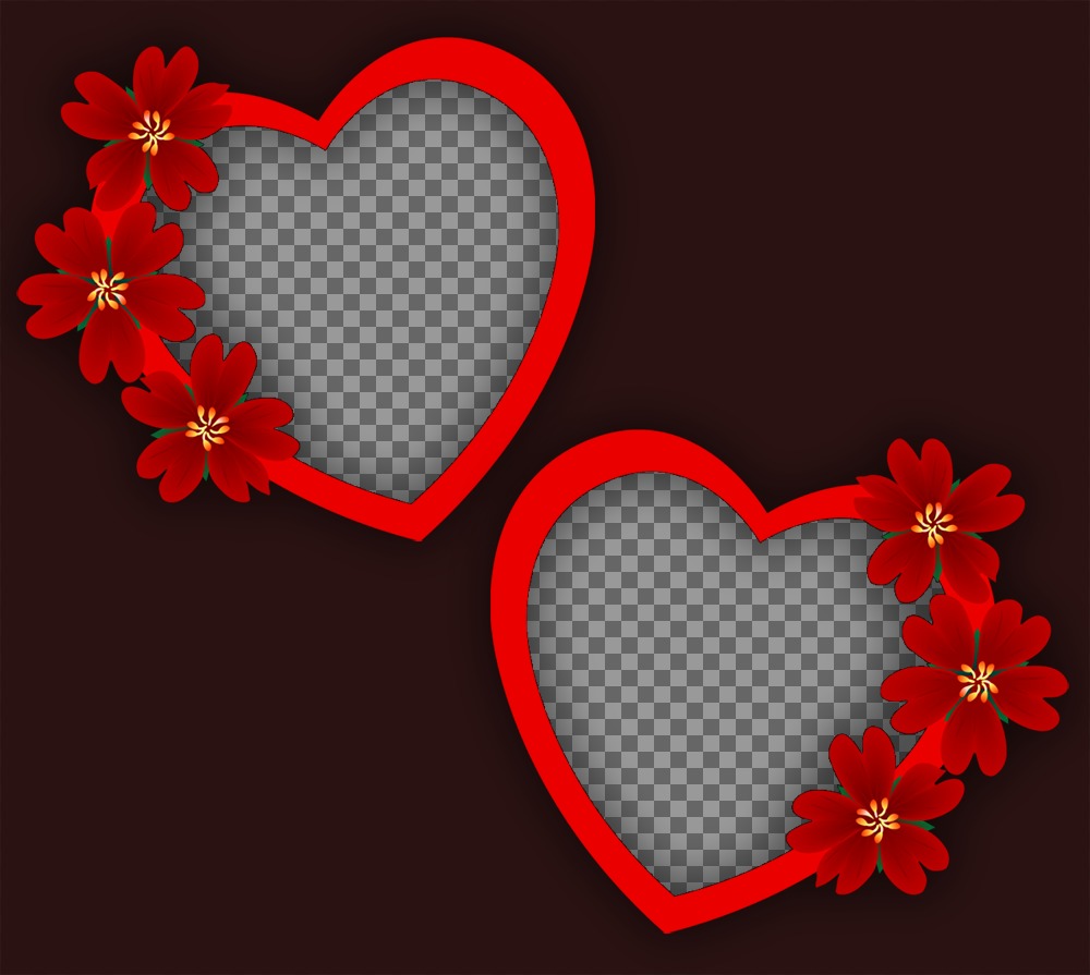 Photomontage de lamour avec deux cadres de coeurs et des fleurs pour deux photos ..