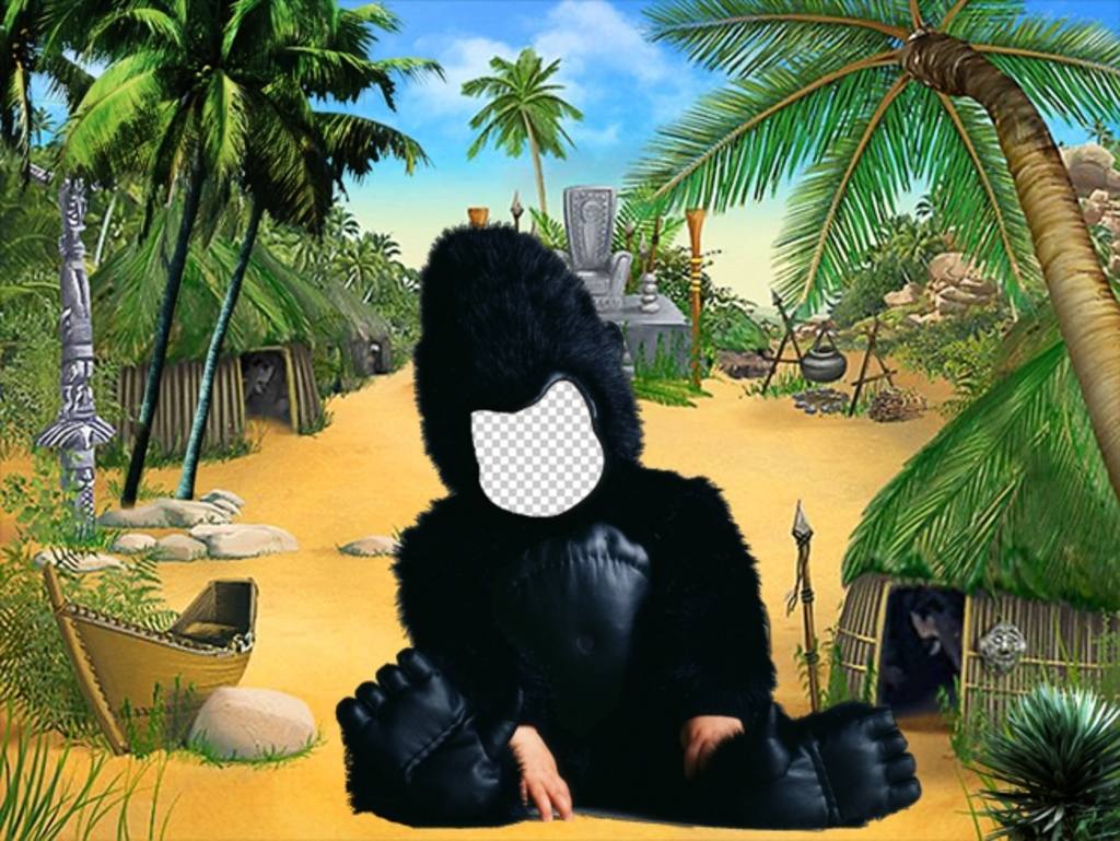 Drôle montage dun enfant vêtu du costume numérique de gorille à personnaliser avec une image et recadrer le visage pour entrer dans le costume de gorille et un fond de jungle. Un photomontage de lenfant à voir avec une image et gratuitement et ont une façon originale de..