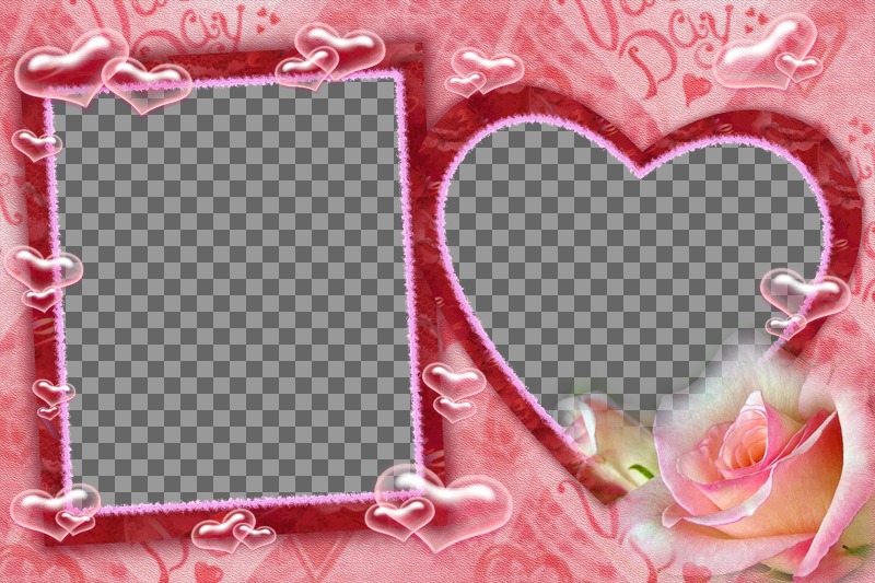 Cadre pour deux photos, un carré et un coeur en forme, de fond de coeurs roses et des bulles. Idéal pour la..