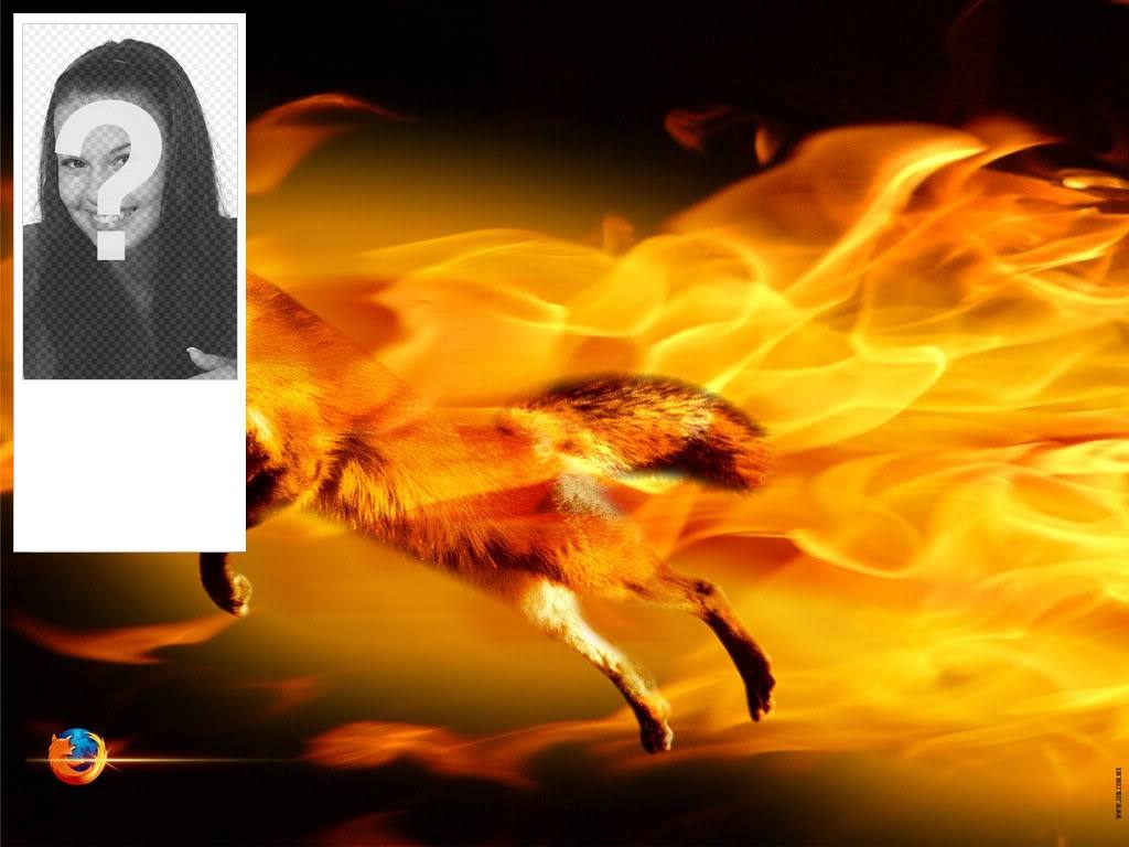 Insérez votre image dans ce cadre photo avec un renard entouré de flammes de feu, couleurs orange et..