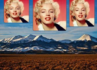 Collage de 3 photos avec un fond de sommets enneigés