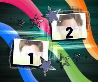 cadre pour deux photos legerement descuadrados avec fond vert fonce les lignes colorees et les etoiles