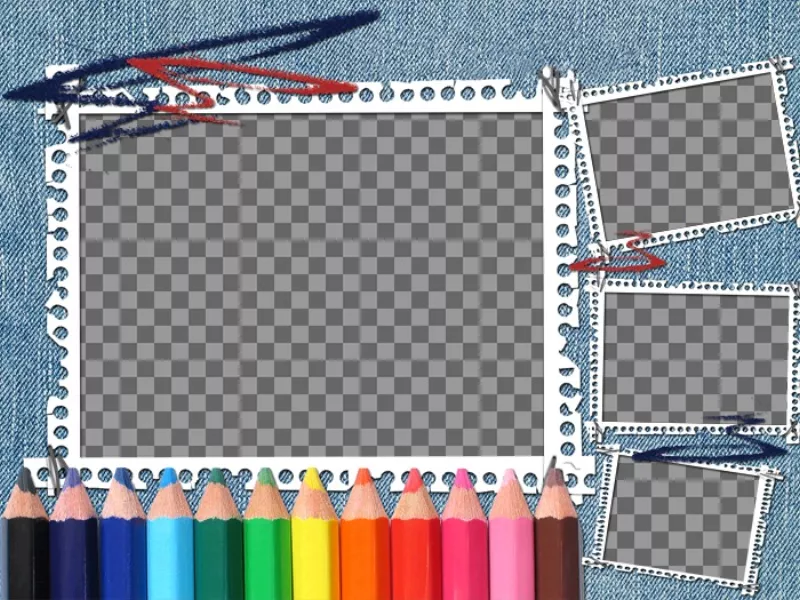 Idéal pour le retour à l'école de fond en denim et crayons de couleur. Votre image apparaît dans le cadre d'image avec des bandes de..