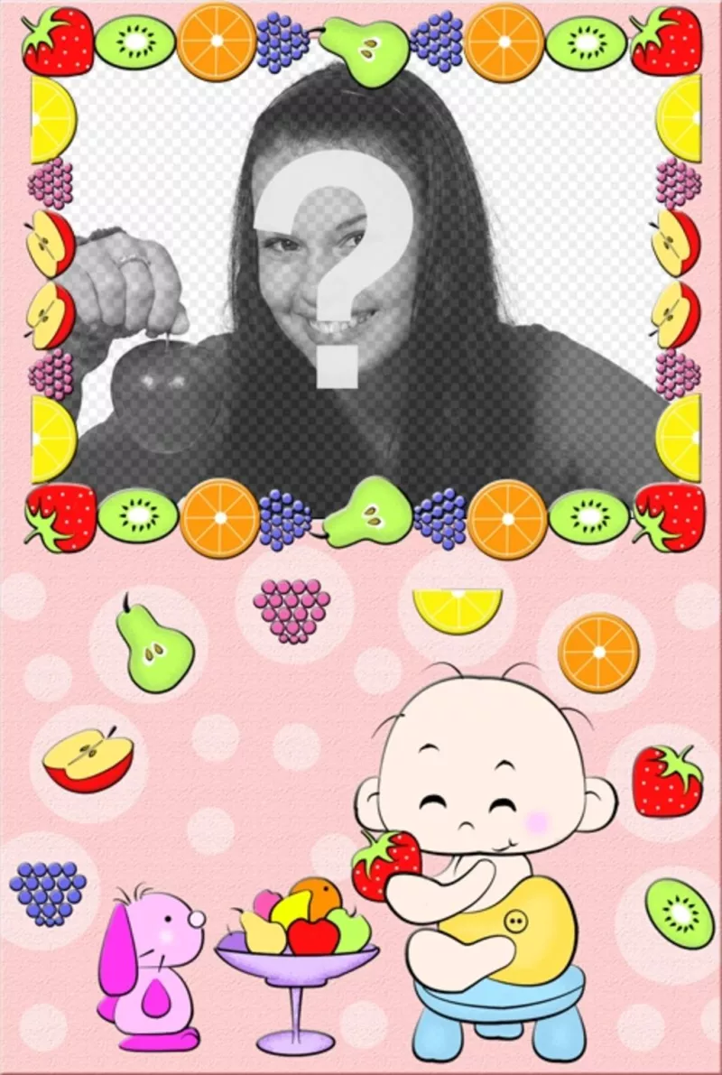 Photo bébé cadre photo, où vous voyez un enfant qui mange des fruits et le cadre entouré de..