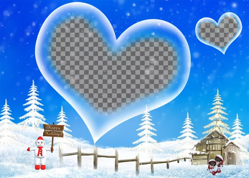 Carte postale avec fond bleu et paysage enneigé nous avons accueilli les vacances d'hiver, avec un cadre en forme de coeur dans lequel insérer votre..