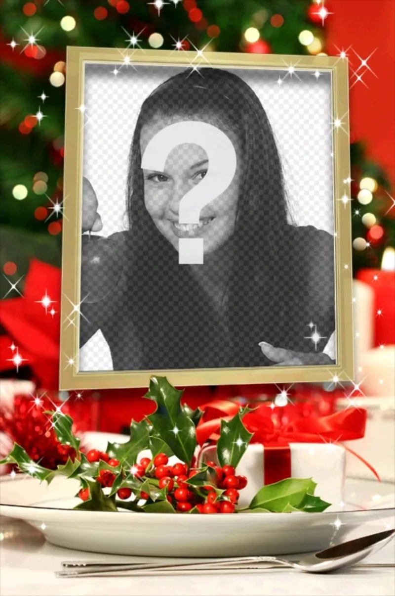 Carte de Noël insérer une photo dans un cadre doré avec des effets scintillants et de la décoration de..
