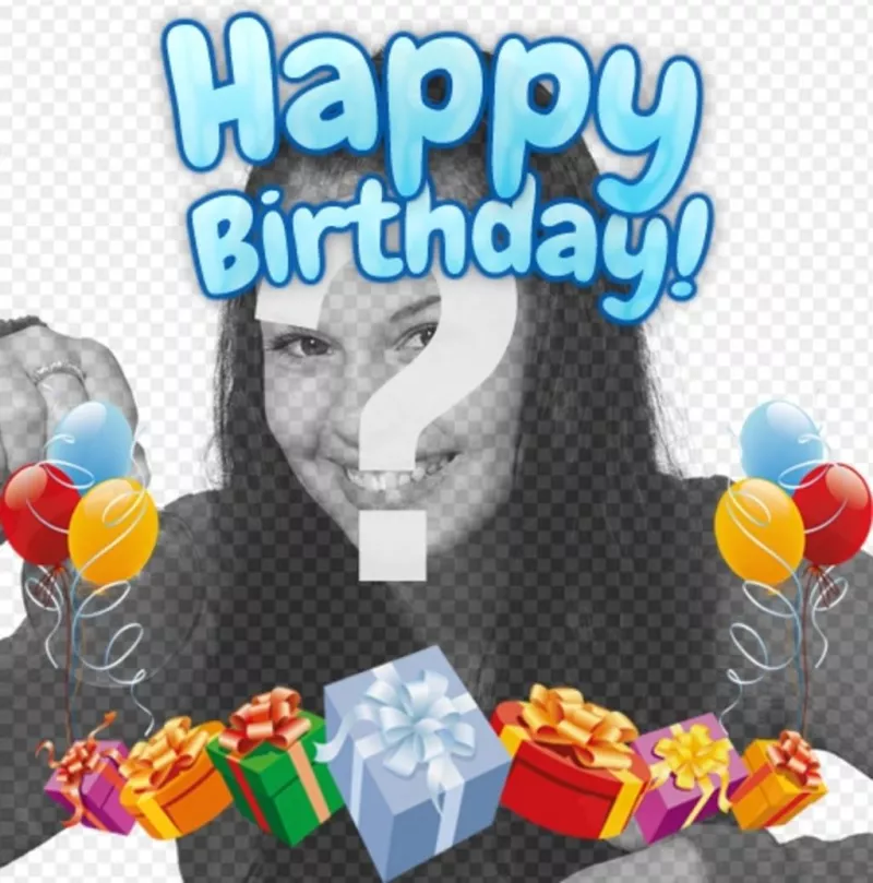 Photomontage pour faire de votre photo une carte d'anniversaire. La composition vous un joyeux anniversaire en bleu. La carte est décoré avec des ballons colorés et des..