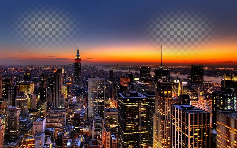 Dans ce collage Votre photo apparaît deux fois, jeté dans le ciel de New York. image spectaculaire d'un coucher de soleil avec les lumières des gratte-ciel..