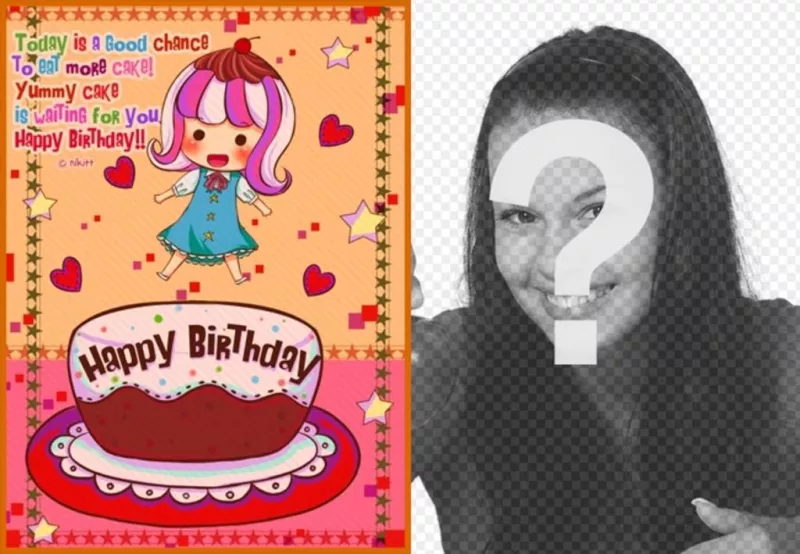 Carte d'anniversaire pour les enfants. Avec une photo d'une fille avec un gâteau, des coeurs et des..