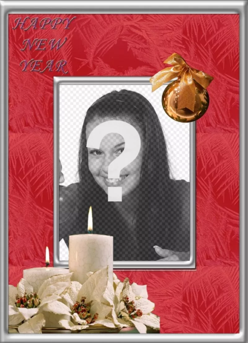 cadre en ligne pour les photos pour célébrer décoratif cadre photo de bonne année avec une boule de Noël et bougies blanches où vous pouvez ajouter limage que vous voulez avec la phrase HAPPY NEW YEAR vous, il est très facile à modifier et libre. Partager avec tous vos..