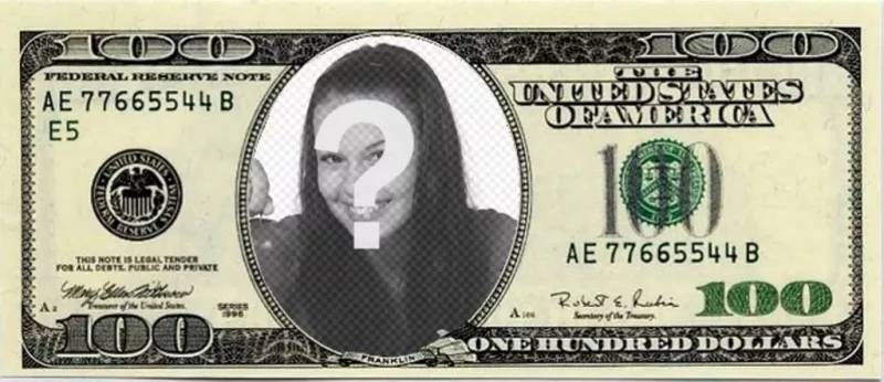 Montage photo d'un billet de 100 dollars pour mettre votre photo à l'intérieur et épater vos..