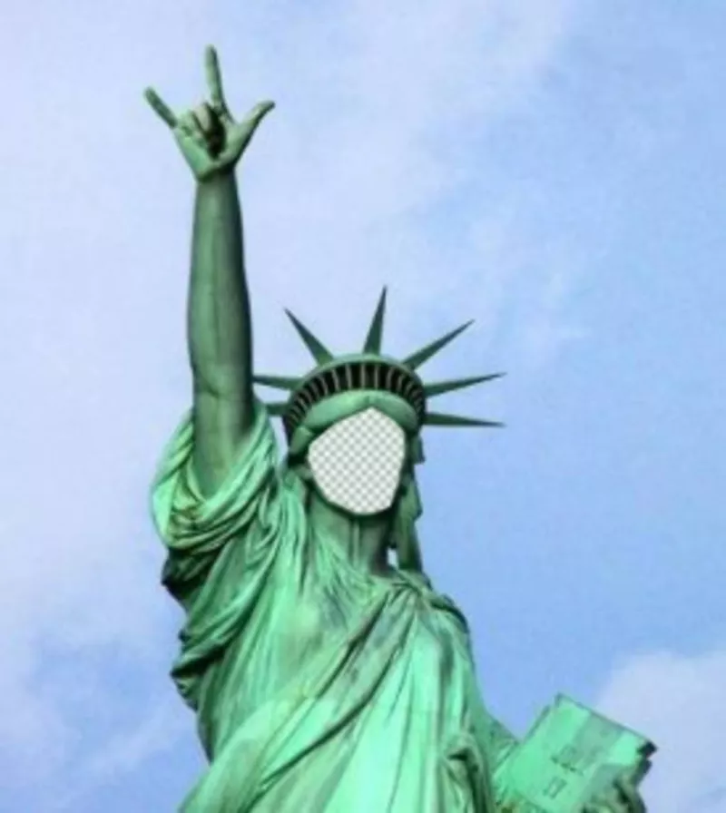 Photomontage dans lequel vous allez mettre votre visage sur cette Statue particulière de leffet photo drôle Liberty pour modifier avec votre photo et de mettre votre visage en face de la célèbre Statue de la Liberté, mais avec une pose originale qui fait des cornes de sa..