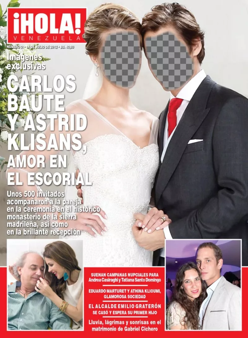 Photomontage dans lequel vous pouvez apparaître sur le magazine "Bonjour" couverture avec votre partenaire vêtues de robes de mariage avec robe blanche de mariée et costume de..