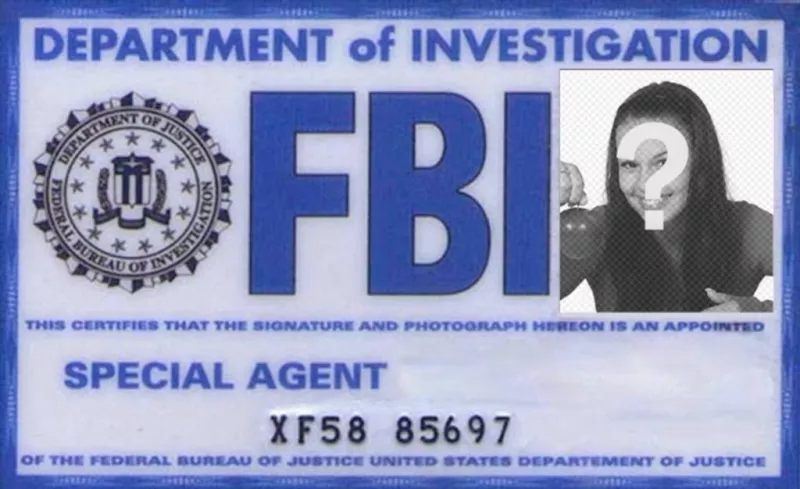 Créez votre carte personnalisée de l'agent spécial du FBI département d'enquête et d'ajouter votre photo, votre nom et
