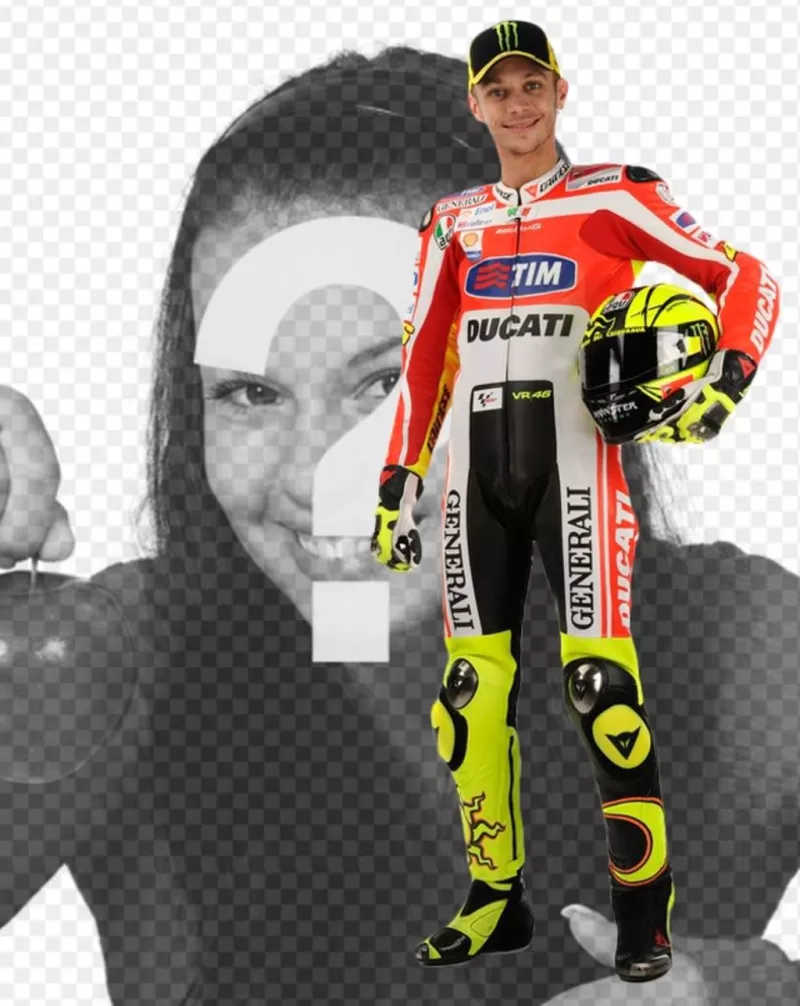 Photomontage avec Valentino Rossi, Moto GP coureur, dans son uniforme de Ducati et un casque sous le bras. Apparaît à côté du célèbre motard, (maintenant dans Yamaha) et ajouter du texte dans l'image..