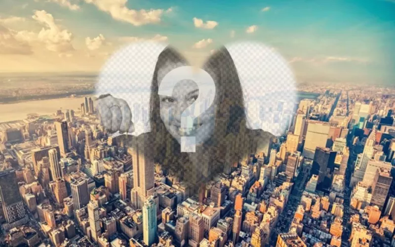 Collage avec une photo de New York et votre photo à l'intérieur d'un coeur. Créer un photomontage avec votre photo dans une vue aérienne de..
