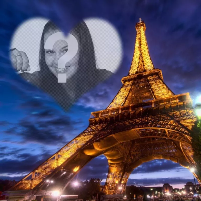 Photomontage à Paris avec la tour Eiffel illuminée et un cadre photo en forme de coeur semi-transparent dans le ciel de placer votre..