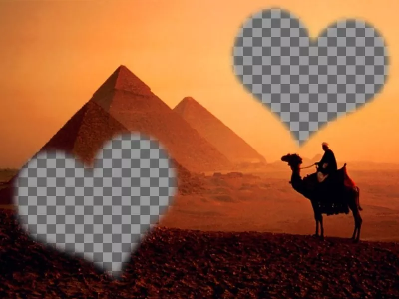 Photomontage en Egypte avec les pyramides et un chameau et un cadre en forme de coeur semi-transparent dans le ciel vous placez votre..