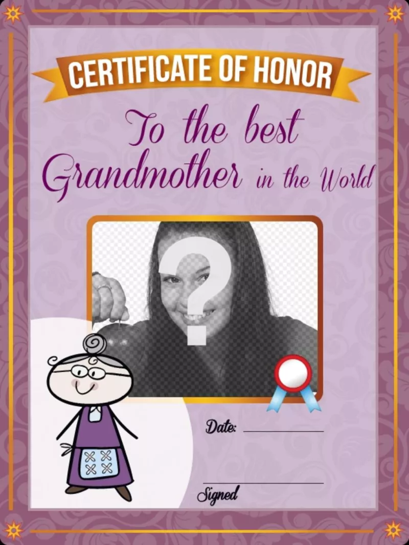 Diplôme d'imprimer et personnalisé avec une photo de votre grand-mère en ligne..