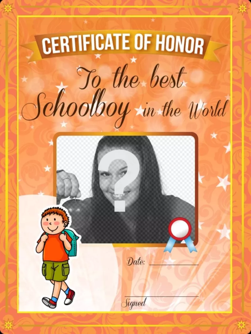 Certificat d'honneur au meilleur étudiant dans le monde à personnaliser avec une photo en..