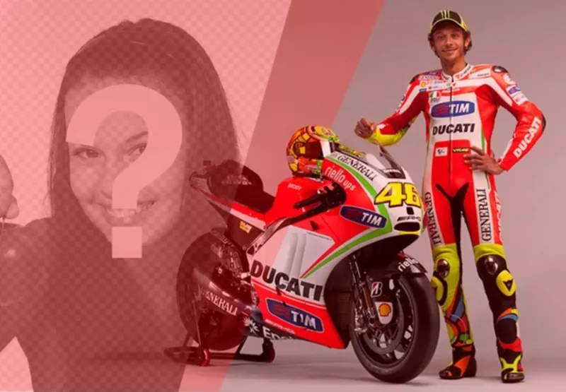 Créer un photomontage avec Valentino Rossi, pilote de moto, avec son vélo rouge et blanc et un filtre rouge sur votre..