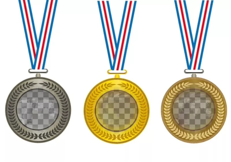 Collage avec trois médailles dor, dargent et de bronze, à mettre au centre trois photos de..