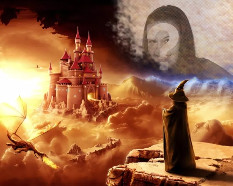 Créer un collage en ligne dans un monde fantastique avec un magicien regardant un château et un dragon. ..