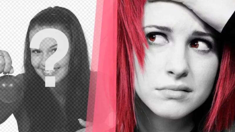 Créer un collage avec Hayley Williams, la chanteuse de Paramore en noir et blanc avec des cheveux et des yeux fuchsia et une photo de vous sur la