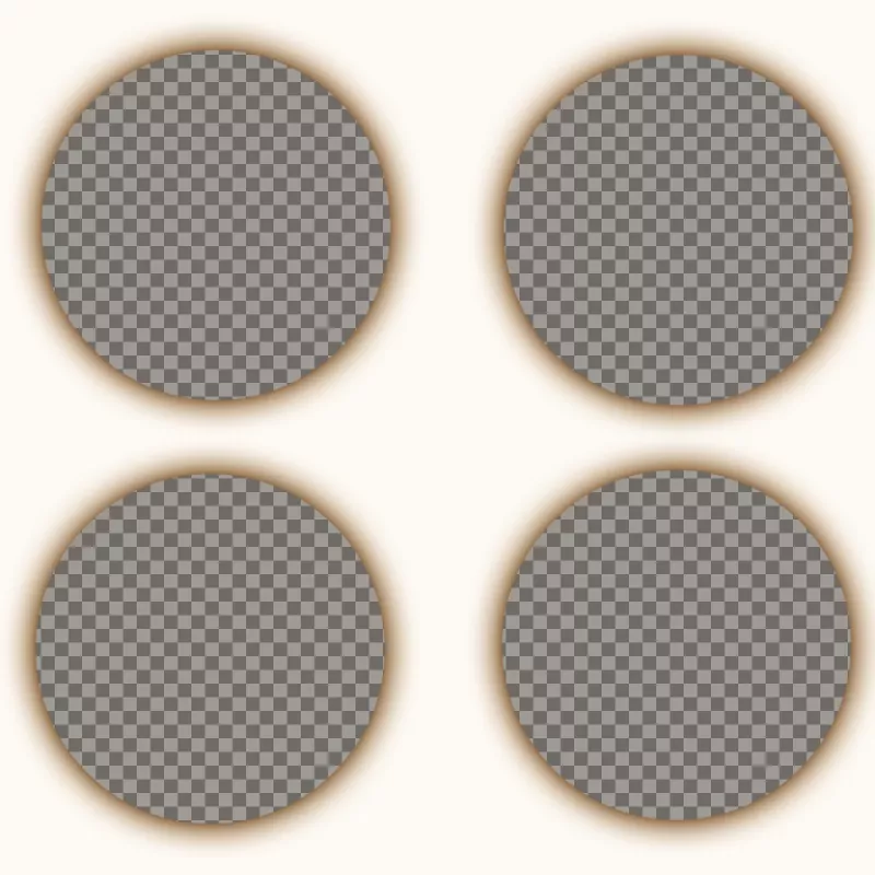 Créer un collage composé de quatre photographies circulaires avec filtre sépia et lombrage autour de chaque..