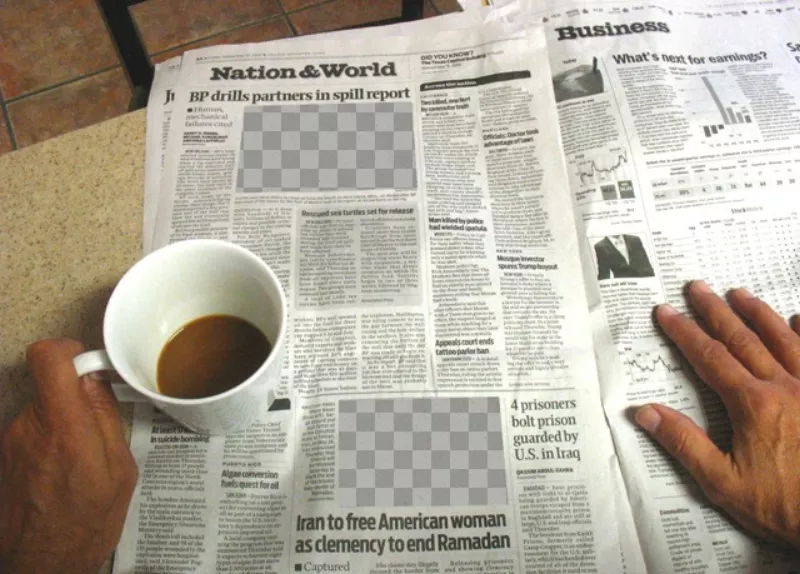 Photomontage avec quelquun qui lit un journal et de prendre une tasse de café avec deux trous pour mettre vos photos et apparaître dans les