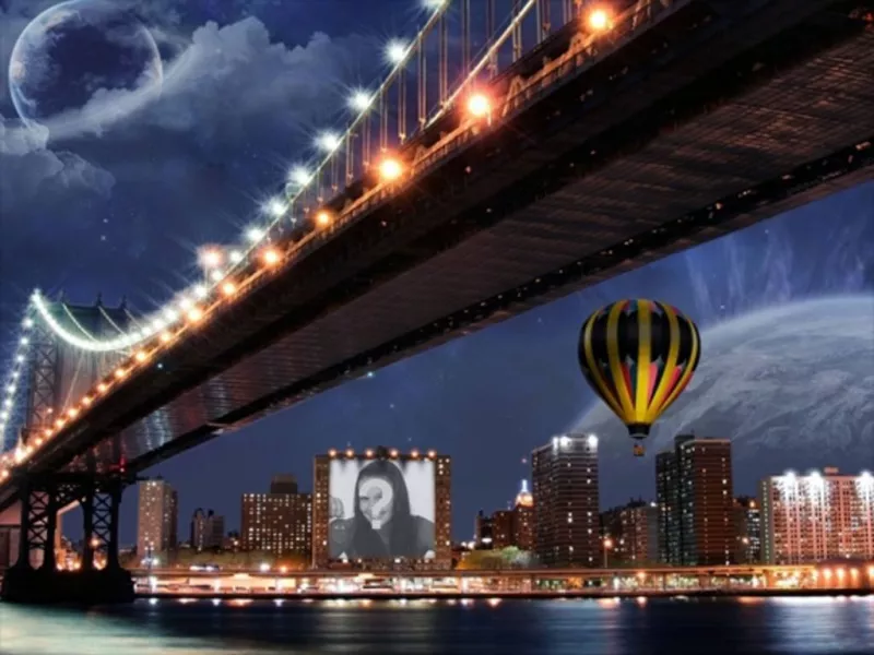 Photomontage sur une affiche dun bâtiment à côté dun ballon et dun pont. ..