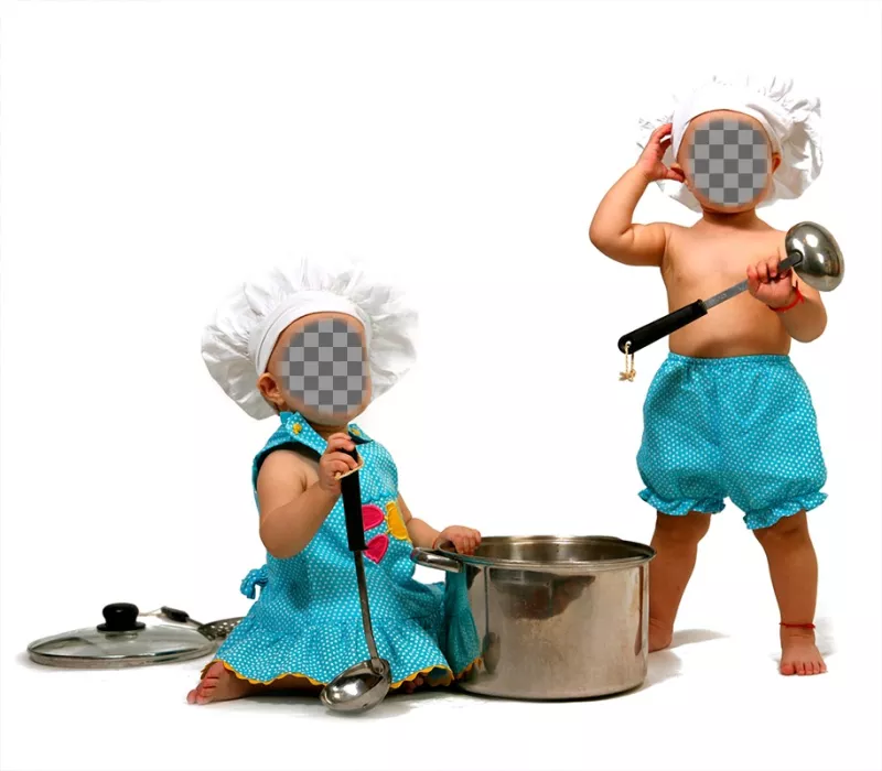 Photomontage avec deux bébés habillé cuire les mettre visage. ..