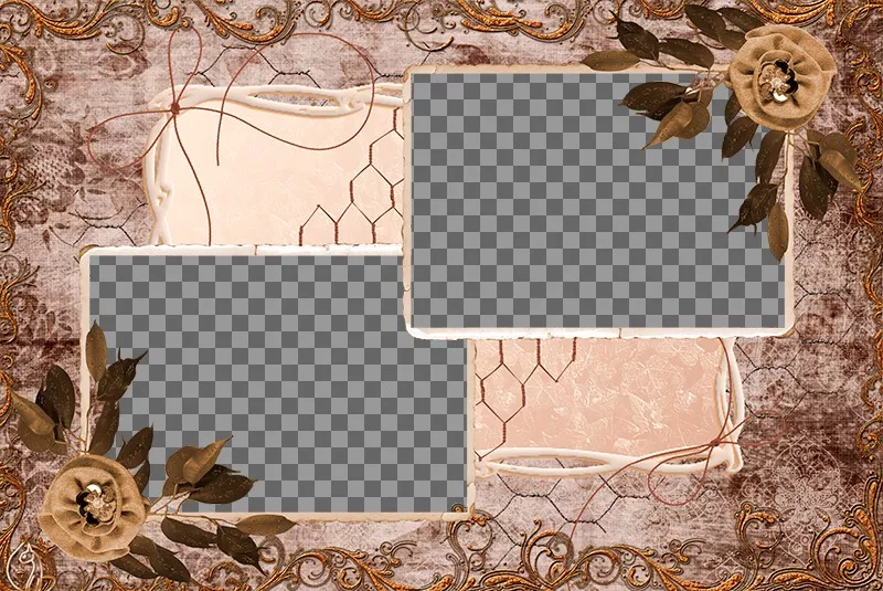 Collage de deux photos avec une composition cru de feuilles, de fleurs et de décorations ocre. ..