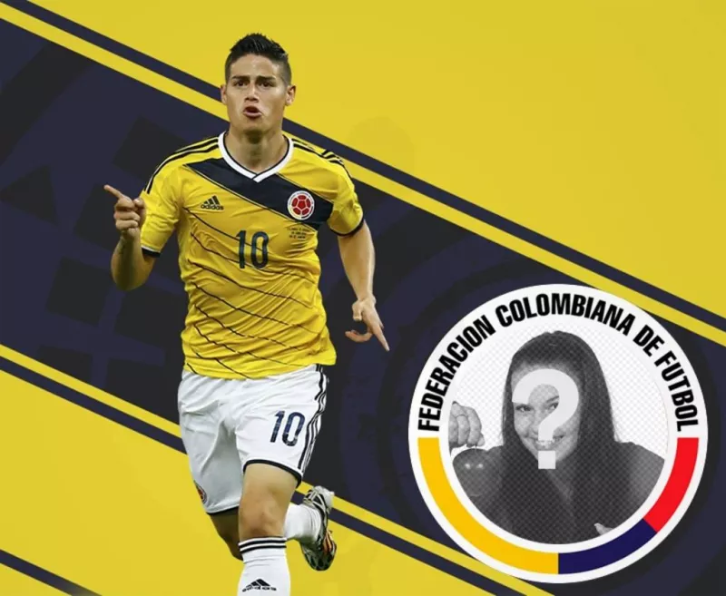 Photomontage de collage de James Rodriguez dans lequel vous pouvez mettre votre photo à côté de joueur de football de léquipe nationale de Colombie, avec un fond jaune et bleu foncé. ..