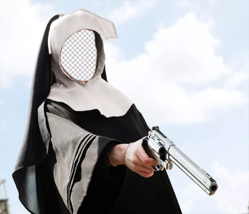 Drôle photomontage dune religieuse avec un pistolet dans sa main ..