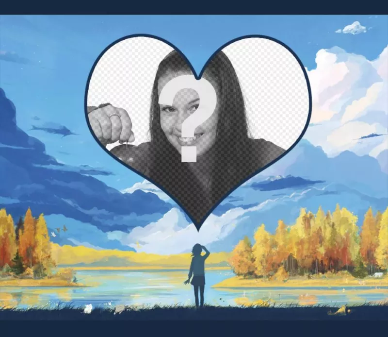 Cadre photo avec un cœur dans les nuages et un lac entouré darbres. ..