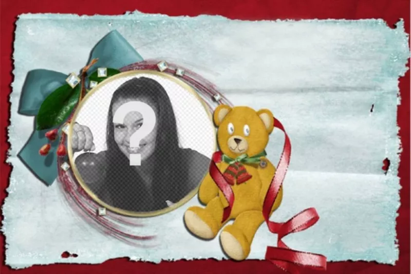 Carte de Noël avec ours en peluche et une cravate avec cadre rond dans lequel vous pouvez mettre votre..