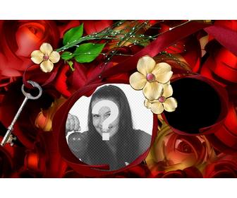 cadre pour deux images vous donne cle votre cœur avec cet arrangement fleurs et roses rouge et or
