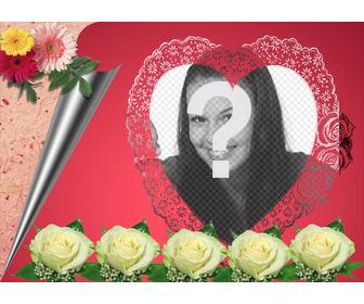 photomontage constitue dquotun rose romantique dans votre photo apparait dans un cadre forme cœur accompagne fleurs et papier dquotemballage ideal pour les amoureux pour envoyer un e-mail cette saint-valentin