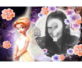 photomontage fee aux cheveux orange avec des fleurs et vetus pourpre correspondant espace memorandum fond spherique et un cadre pour inclure votre photo